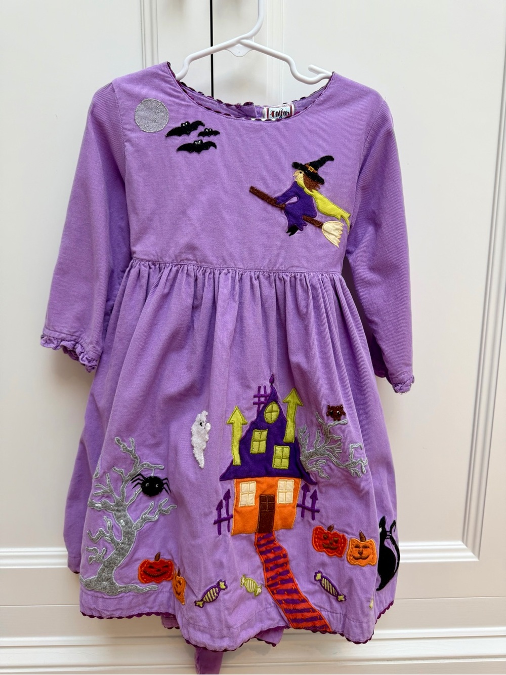 Cotton Kids Girls 6 Purple Corduroy Halloween Haunted House Appliqué Dress